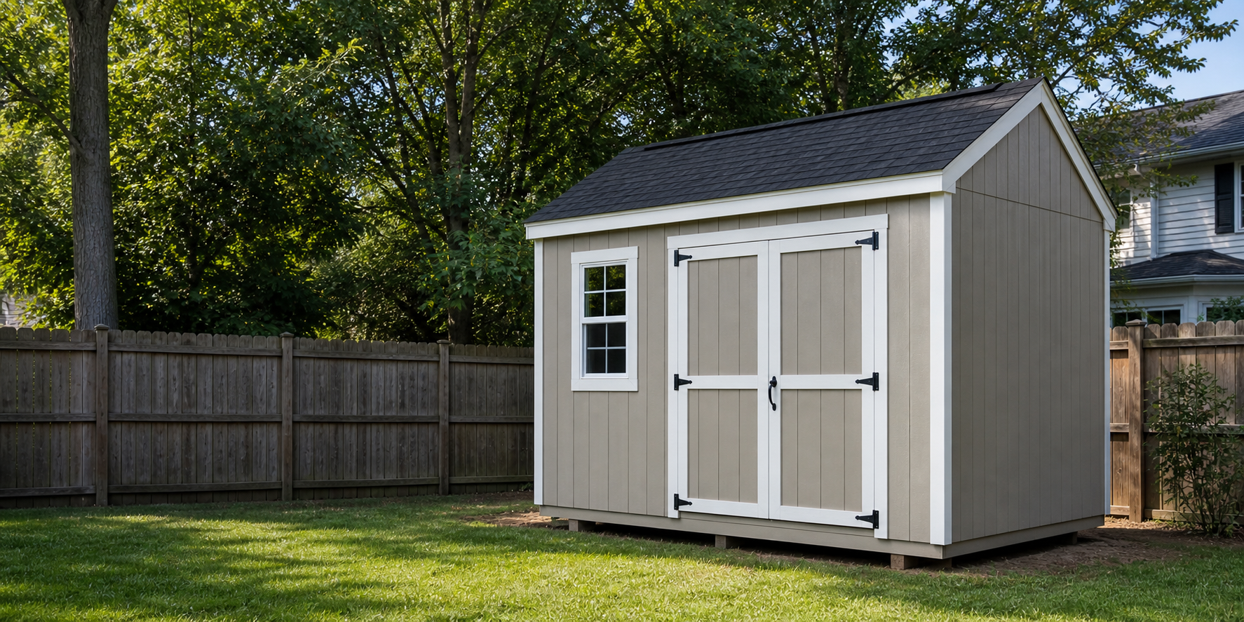 One finished custom shed in a normal Triad backyard